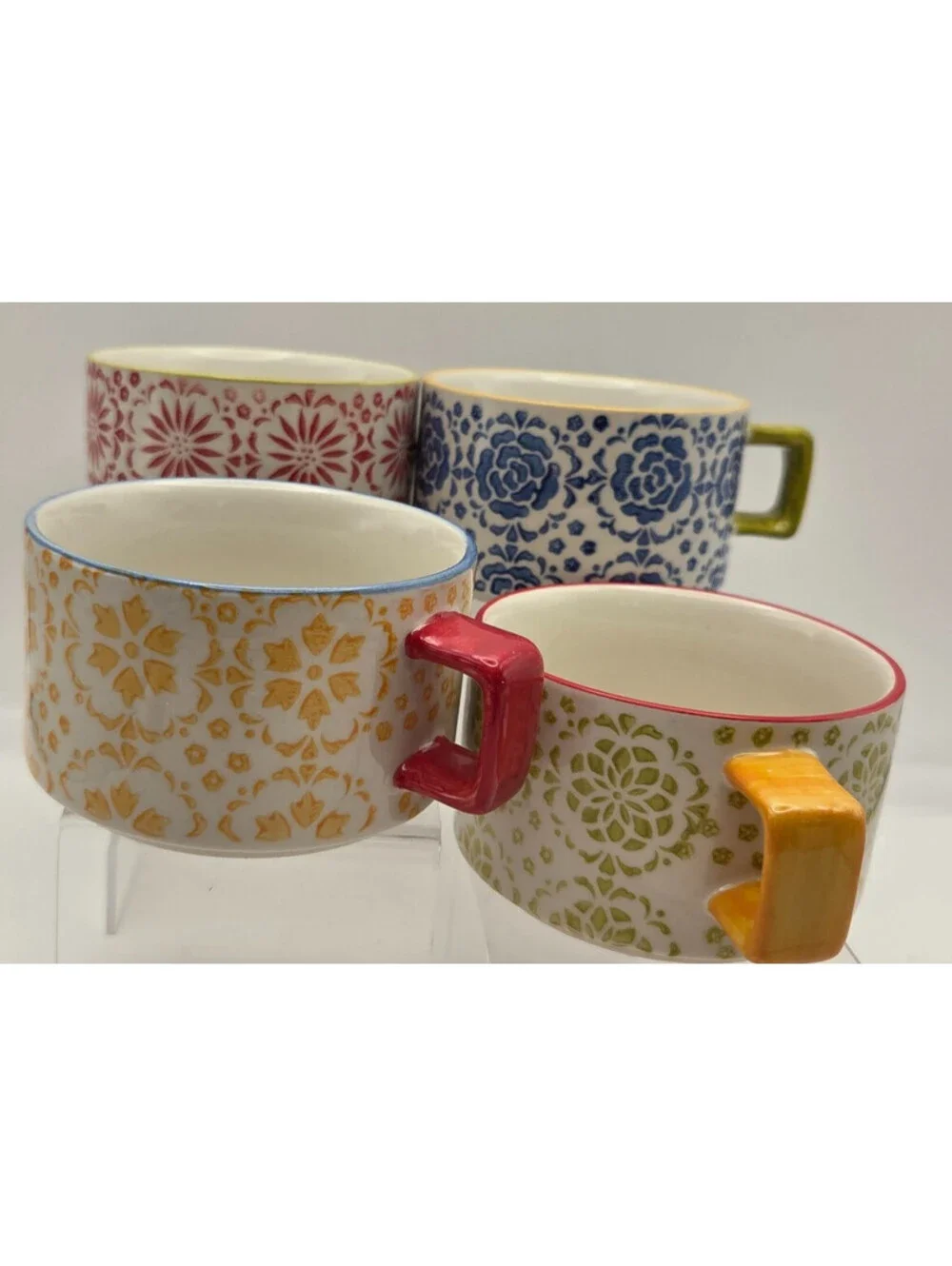 Pier 1 Imports Hand Painted Stoneware Mug Set 4 Floral Pattern Soup Coffee Cups